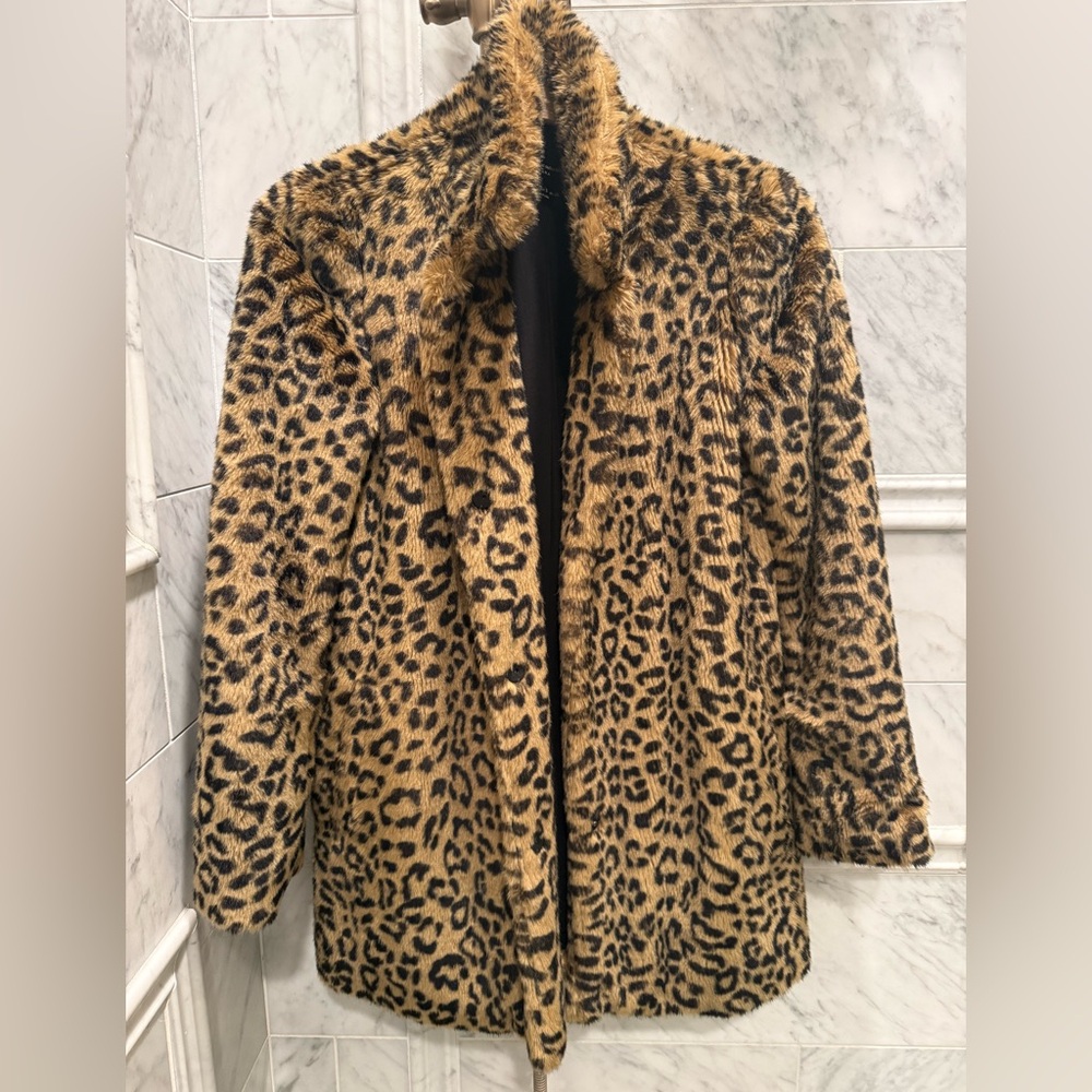 Zara  Trafaluc Outerwear Black & Brown Leopard Teddy Faux Fur Jacket Size S